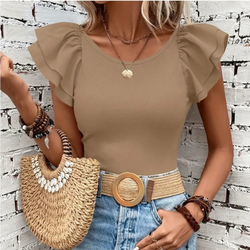 Women's Tan Ruffle Sleeve Top